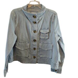 LOFT DENIM JACKET BLUE WHITE STRIPE COTTON SIZE LARGE PREPPY CASUAL